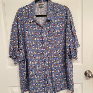 DISNEY STORE All Over Print Men's XL Blue Button Shirt Mickey Goofy Donald Pluto